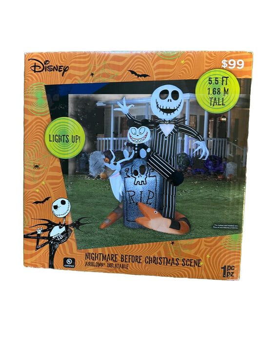 5.5' Inflatable LED Halloween Jack Skellington Tombstone Scene w/ Teddy, Zero