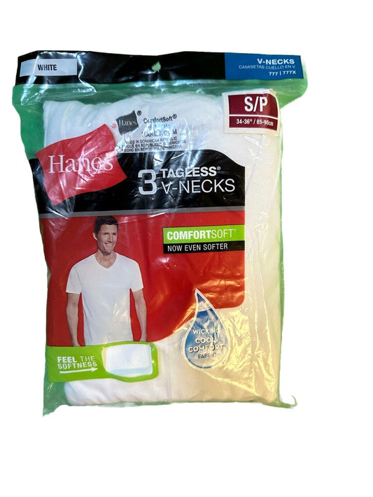 New Hanes Men's 3 Pack White V-Neck T-Shirt Tagless Short Sleeve Cotton Small