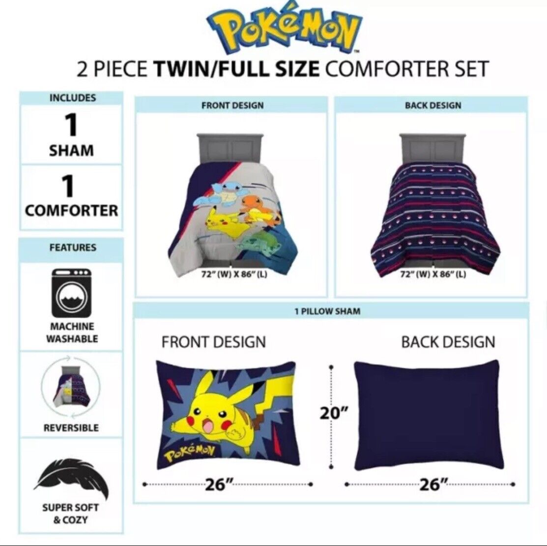 Comforter Set Pokemon Reversible & Sham 2-Piece Set Twin/ Full New in Package